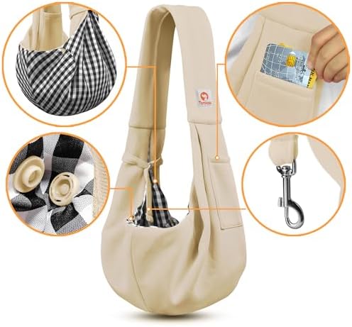 Tomkas Small Dog Cat Sling Carrier Puppy Purse Travel Wrap Soft Crossbody Pet Bag (Cream, M - Classic Pocket & Classic Strap) - Image 3