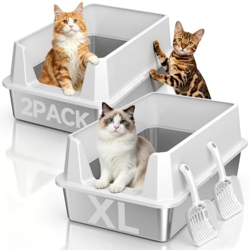 2 Pack XL Stainless Steel Litter Box with High Sides, Metal Litter Box by Tevila