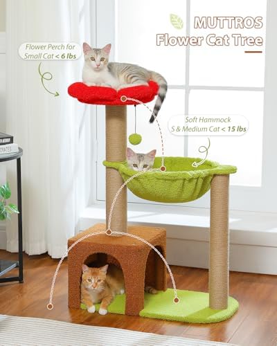 MUTTROS 35" Flower Cat Tree for Kittens with Hammock & Sisal Posts, Brown - Image 2