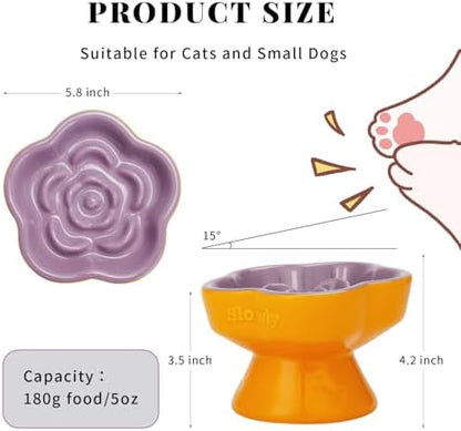 S&Q's Ceramics Raised Slow Feeder Cat Bowl, Ceramic Elevated Food Bowl Small Dogs Slow Feeder, Flower Shaped Cute Pet Dish for Dry and Wet Food (Purple, 5.8") - Image 2