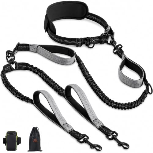 Hands Free Double Dog Leash, 4 Reflective Padded Handles, Adjustable Waist Belt 27-51", Shock-Absorbing Bungee, 360° Swivel Clips, for Small, Medium & Large Dogs, Walking Jogging Running by Unknown