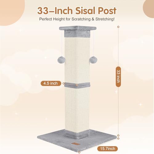 Cat Scratching Post 33 inch for Indoor Cats, High Cat Scratch Post Grey, Cat Tree for Full-Body Stretching, Protect Your Furniture - Image 2