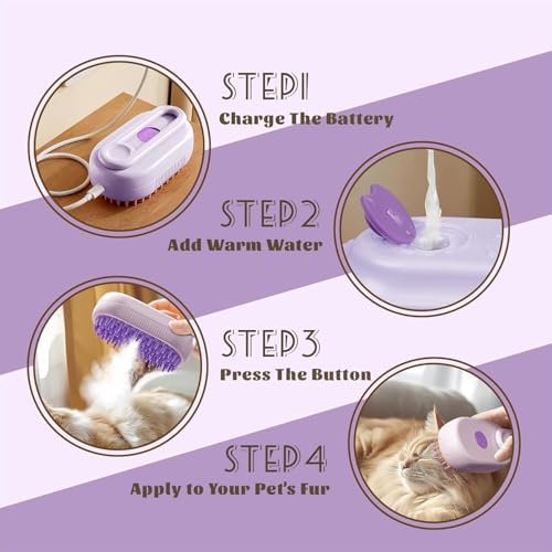 Cat Brush Cat Steam Brush Rechargeable Steamy Pet Grooming for Shedding, Water Spray Massage Brushs, Dog Hair Removal Self Cleaning Brushs Steamer Wet Spa Comb (Purple) - Image 3