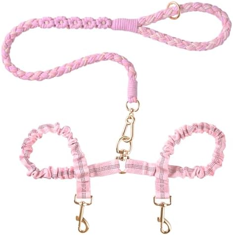 Double Dog Leash – Tangle-Free Dual Leash with 360° Swivel, Shock Absorbing Bungee, Reflective Stitching & Hand-Braided Main Rope (Supports Up to 440 lbs, Pink) by Panda+Jianghu