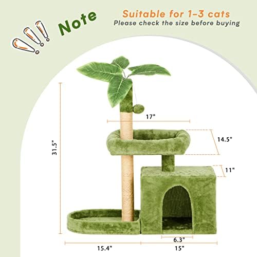 31.5inch Small Cat Tree Tower Condo for Indoor Cats, Soft Plush Multi-Level Climbing Tree Cat House with Cat Cave, Scratching Post, Sisal Rope, Green - Image 2