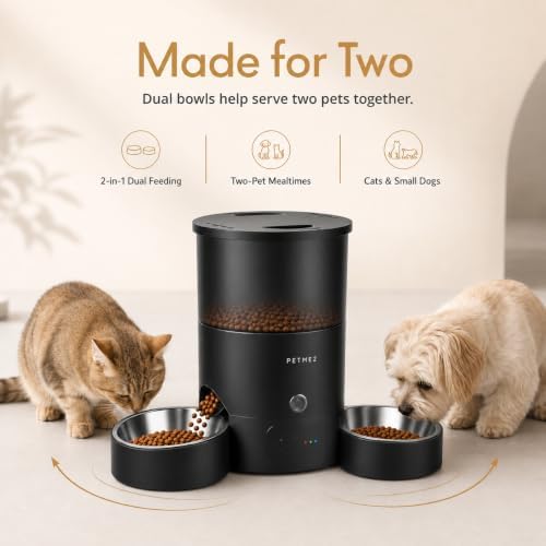3L Cat Treat Dispenser with Dual Stainless Steel Cat Bowls - Quiet Automatic Cat Feeder for 2 Cats with App Control, 2 Way Audio, Dual Power Options, Self-Feeding Cat Food Dispenser - Black - Image 3