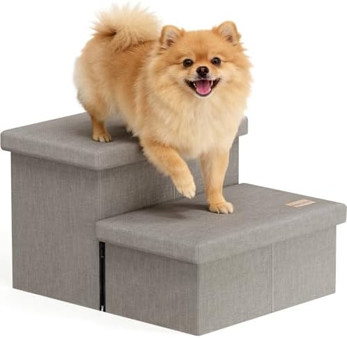 2-Step Wide Dog Stairs with Storage 11" H, Non-Slip Sturdy Pet Steps for Couch Chair, Dog Steps for Small/Medium Old Dogs, Cats, Rabbits Up to 150lbs, Foldable Cat Puppy Stairs for Car, Grey by Fecuria