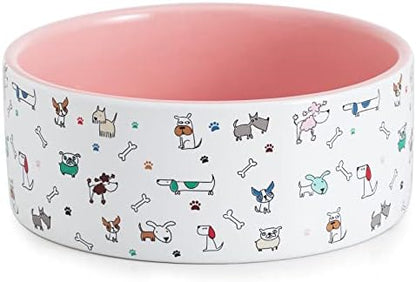 Fun Elements Ceramic Dog Bowls, Large Sized 64 Fl Oz Heavy Food and Water Bowl for Medium Dogs with Adorable Patterns (Large, Pink) by IntoYourHouseOntoYourTable