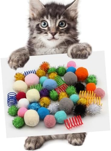 QUOZUO 60 Packs Cat Toys Balls Set Spiral Springs Assorted, Kitten Sparkle Ball, Mouse Toys, Cat Crinkle Balls Springs, Soft Pom Pom Balls - Image 2