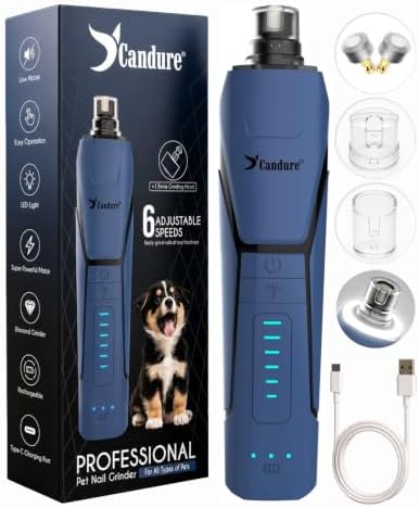 Candure Whisper Quiet Dog Nail Grinder with 360 Degree LED Light, 6-Speed Rechargeable Pet Nail Trimmers with Extra Grinding Head for Safe, Stress-Free Grooming for All Pet Sizes (Dark Blue) by Candure