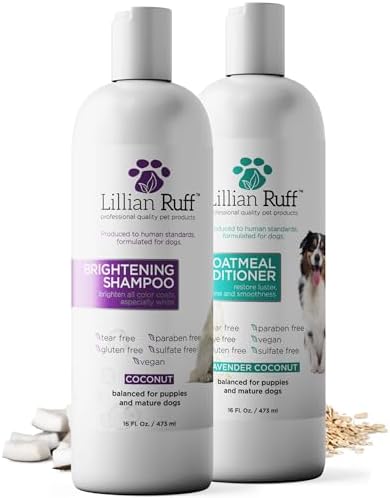 Lillian Ruff Brightening Shampoo & Oatmeal Conditioner Set for Dogs – Safe for Cats - Tear Free Coconut Scent with Aloe for Normal, Dry & Sensitive Skin by LillianRuff