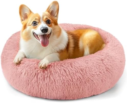 28in Large Dog Bed, Calming Donut Bed for Puppy and Kitten (Pink) by Hoewina