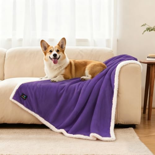 Luciphia Waterproof Bed Blanket Washable,Soft Sherpa Fleece Puppy Reversible Throw Blankets for Medium Large Dog Cat,Furniture Cover Protector Couch from Liquid Pee and Pet Fur,Purple White,65" x 57" - Image 5