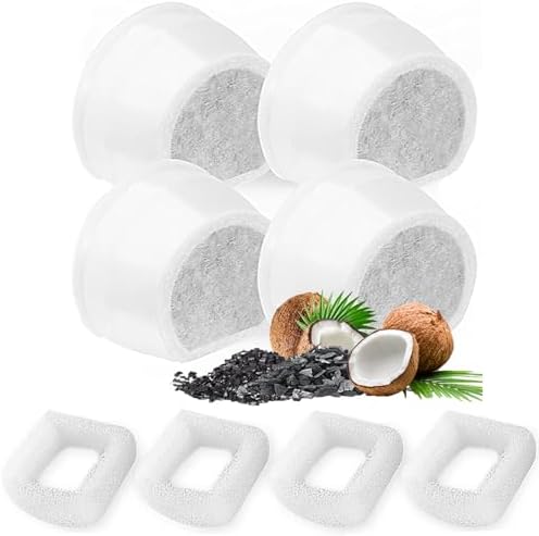8 Pack Cat Water Fountain Filters Replacement, 4 Carbon Filters and 4 Foam Sponge Pre-Filter Fit for Multiple Ceramic and Stainless Steel Pet Fountains by Porens