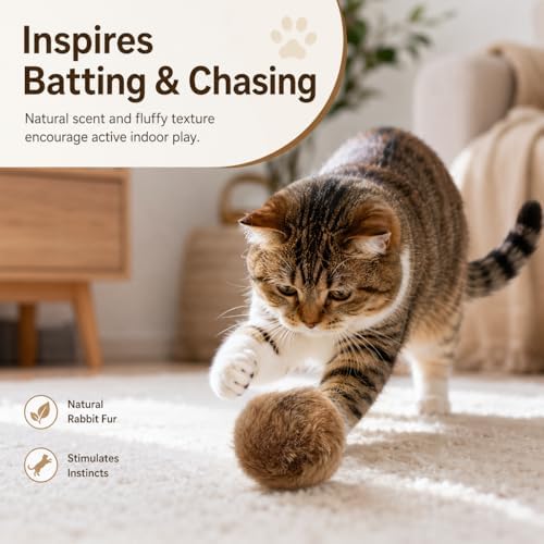 Rabbit Fur Ball Cat Toy, 10cm Natural Rabbit Fur Catnip Silvervine Gall Fruit Toy, Soft Scented Interactive Cat Ball for Indoor Cats & Kittens, Batting Chasing Rolling Play - Image 5