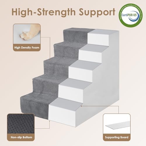 EHEYCIGA Dog Stairs for High Bed 25" H, Extra Wide Dog 5-Step, Grey - Image 3