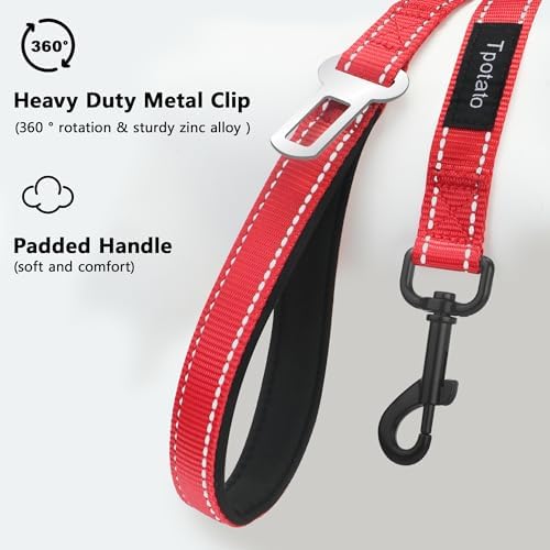 6 Foot Red Dog Leashes for Large Medium and Small Breed Dogs That Pull,Reflective Nylon Heavy Duty Dog Leash with 2 Comfortable Padded Traffic Handles and Car Seat Belt for Walking and Training - Image 2