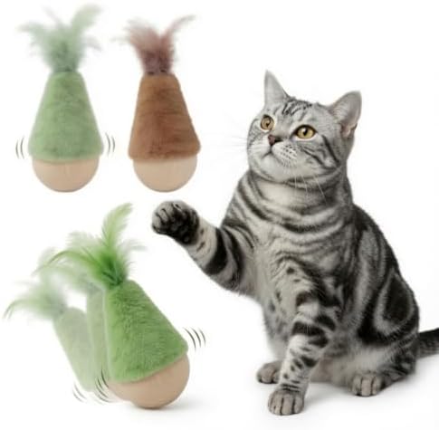 2 Pack Cat Feather Toys Wooden Tumbler - Interactive Wobble Self-Righting Plush Stuffed Toys for Indoor Cats & Kittens, Catnip Free Cute Kicker Chaser Set by Kidsreer