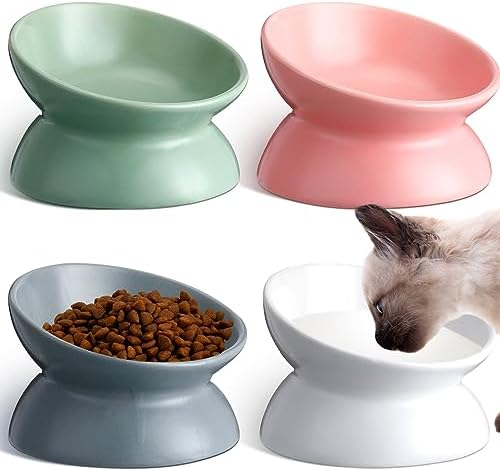 Hushee 4 Pcs Ceramic Raised Cat Food Bowls Elevated Tilted Dish Anti Vomiting Food or Water Bowls Pet Supplies by Hushee