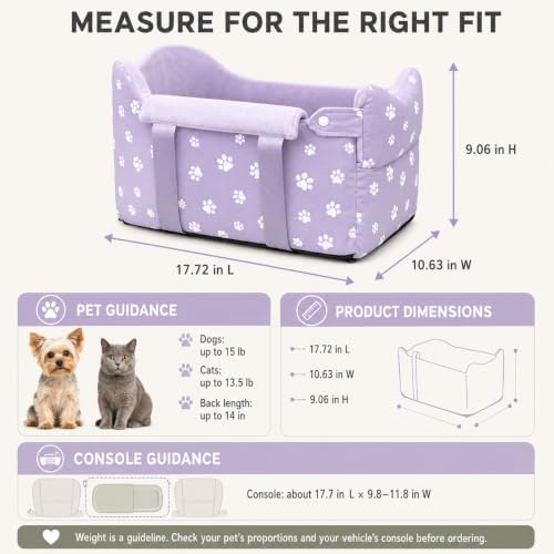 Center Console Dog Car Seat Safe Travel for Small Dogs Under 15 lbs Detachable Washable Pet Carrier with Storage Pockets & Safety Leash (Purple) - Image 4