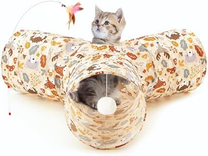 Tempcore Cat Tunnel, 3-Way Collapsible Toy for Indoor Cats, Beige Deer by Tempcore