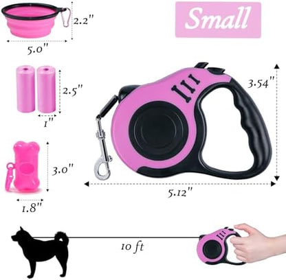 Retractable Dog Leash, 10 FT Dog Leash for Small Medium Dogs up to 22lbs, Pet Tape with Anti Slip Handle and Lock Nylon, 1 Silicone Dog Bowl, 1 Dispenser, 2 Waste Bag - Image 2