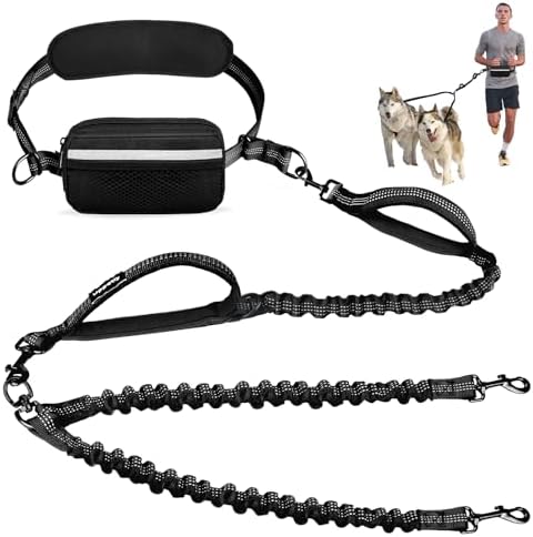 Uppetly Hands Free Double Dog Leash with Pouch, Dual Leash for 2 Dogs with Reflective Padded Handles, Durable Bungee and Lumbar Waist Belt for Walking, Jogging and Running (Small, 8-25 lbs) by Uppetly