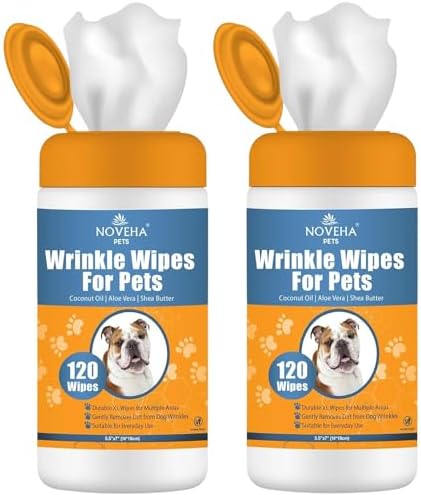 NOVEHA 240PCs - Wrinkle XL Wipes for Dogs | Wipes for Bulldog, French Bulldog, Pug, English Bulldog – Wipes for Multiple Areas Removes Dirt, Wrinkles, Folds, Tear Stain, Tail Pockets & Paws (2Pack) by NOVEHA