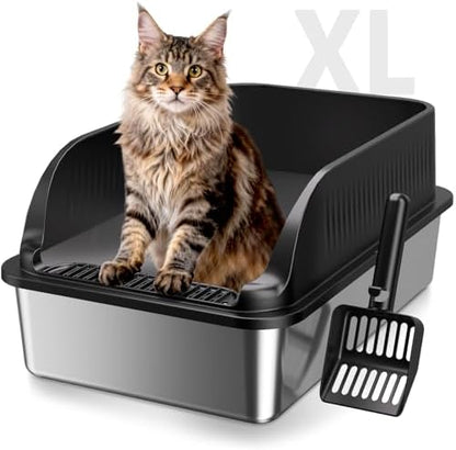 Extra Large Stainless Steel Litter Box with Lid, XL Odor Free Metal Litter Box with High Sides for Big Cats, Open Top Easy Cleaning Kitty Box Anti-Urine Leakage, Non-Sticky, Include Scoop, Black by KISENG