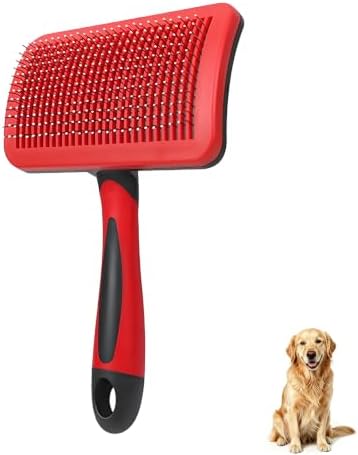 Self-Cleaning Slicker Dog Brush for Large Long-Haired Breeds (Red, Black) by PetJoyHaven