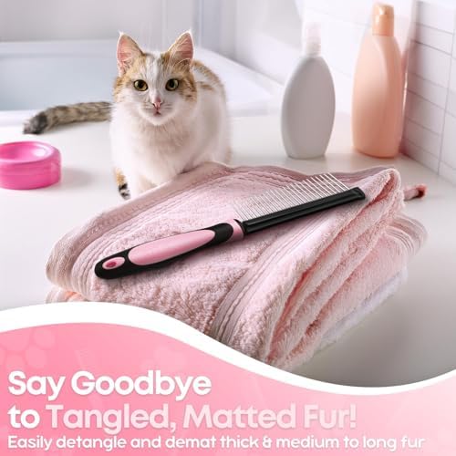 Flexzion Metal Pet Comb for Cats & Dogs - Sturdy Stainless Steel Rounded Teeth with Non-Slip Soft Grip Handle Easy to Use Grooming Detangling Cat Combs for Indoor Cats, Pink - Image 2