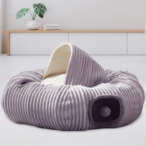 Cat Tunnel Bed for Indoor Cats - Cute Cat Donut Tunnel with Washable Circle Cushion and Blackout Tent Round Pet Play Toy for Kitten/Puppy/Rabbit, Grey by WINDRACING