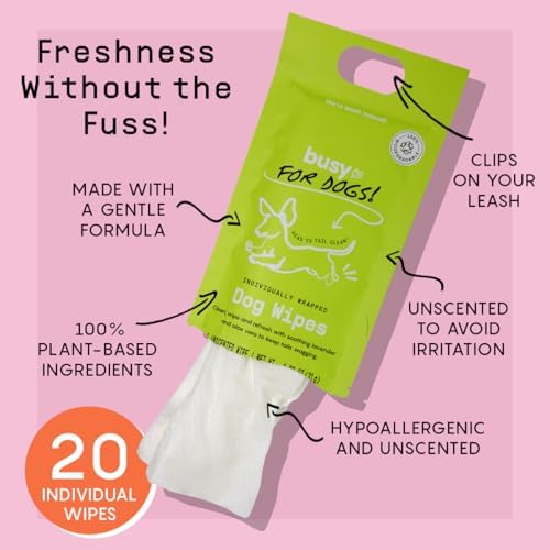 BUSYCO - Hypoallergenic Dog Wipes, Cleaning and Odor Control Grooming Wipes for Paws, Body, and Butt, Perfect for Puppy and Adult Dogs, Individually Wrapped, Unscented (Unscented, 20 Grooming Wipes) - Image 2