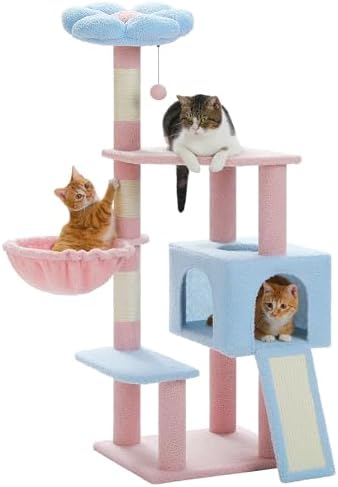 MUTTROS Flower Cat Tree 47.2" Multi-Level Cat Tower with Sisal Covered Scratching Posts, Cute Cat Condo for Indoor Small Medium Cats, Pink Top Perch, Ramp, Fluffy Ball, Blue by MUTTROS