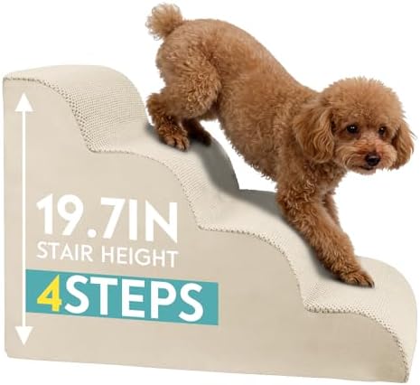 Dog Stairs for Small Dogs, Pet Stairs Steps Ramp for Puppy, Older Cat, Stairs with Whole High Density Foam, Corduroy Fabric, Non-Slip Bottom Dog Steps for Bed and Couch (Beige, 4-Step (H: 19.7IN)) by Unknown