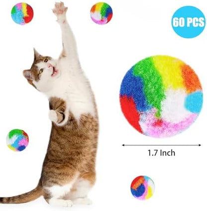 Nicunom 60 PCS Cat Pom Pom Balls, 1.7Inch Rainbow Cat Toy Balls, Soft Plush Cat Ball Fuzzy Kitty Balls Colorful Kitten Puff Ball for Pet Kitten Interactive Playing Exercising Chasing - Image 2