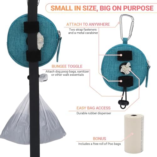 Dog Poop Bag Holder for Leashes- Dog Treat Pouch with Waterproof Zipper,Puppy Training Small Bag with Carabiner & Bungee Toggle,Two Pockets for Dry or Wet Treats-Pet Travel Walking Essentials (Green) - Image 4