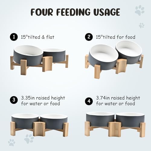 SPUNKYJUNKY 15° Slanted Ceramic Dog and Cat Bowl with Wooden Stand, Tilted Bulldog Food and Water Bowl No Slip Non-Spill for Cats Medium Dogs Big Face Pets 13.5 OZ (1.7 Cups, White-Grey × 2) - Image 3