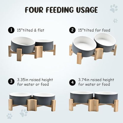 SPUNKYJUNKY 15° Slanted Ceramic Dog and Cat Bowl with Wooden Stand, Tilted Bulldog Food and Water Bowl No Slip Non-Spill for Cats Medium Dogs Big Face Pets 13.5 OZ (1.7 Cups, White-Grey × 2) - Image 3
