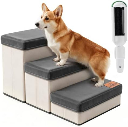 Foldable Pet Stairs & Steps for Bed with Hair Remover Tool - 3-Step Dog Steps for Bed/Couch/Windowsill/Car, Anti-Slip Foam Pet Stairs, Space-Saving Storage Design, Sturdy & Safe Indoor Pet Ramp by Fybom