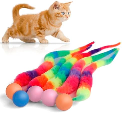 SHENGSEN Bouncy Ball with Tail Cat Toys-5 Packs,Rainbow Large Magic Worm with Ball Toy for Cats,Colorful Fuzzy Worm Bouncy Balls Cat Toy by SHENGSEN