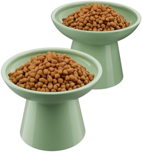 LoeJan Ceramic Cat Bowls, Elevated Cat Food and Water Bowls Set, Extra Wide and Raised Ceramic Bowls, Anti-Vomit Whisker-Free Pressure Cat Feeder for Kittens to Adult Cats by LoeJan