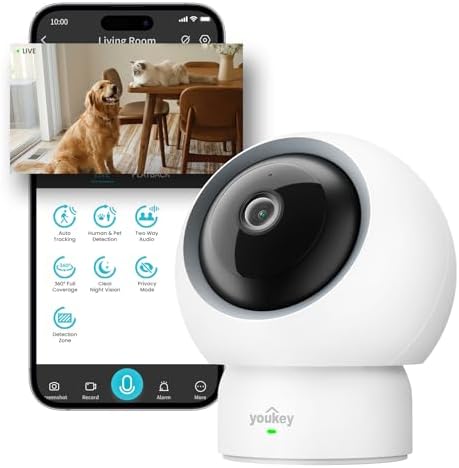 youkey 2.5K Indoor Pet Security Camera, Two-Way Audio Chat to Your Pets, AI Pet/Human Detection, 360° AI Human Tracking, Privacy Mode, No Monthly Fees, Night Vision, WiFi 6（2.4GHz & 5GHz） by youkey