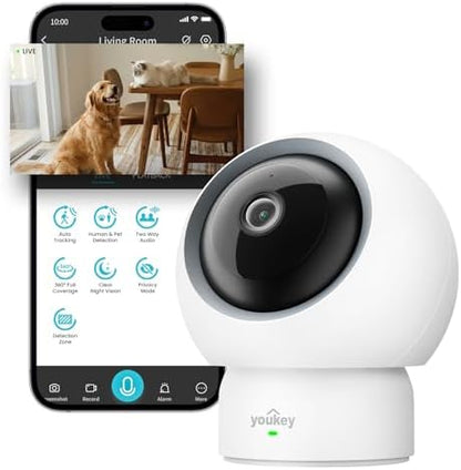 youkey 2.5K Indoor Pet Security Camera, Two-Way Audio Chat to Your Pets, AI Pet/Human Detection, 360° AI Human Tracking, Privacy Mode, No Monthly Fees, Night Vision, WiFi 6（2.4GHz & 5GHz） by youkey
