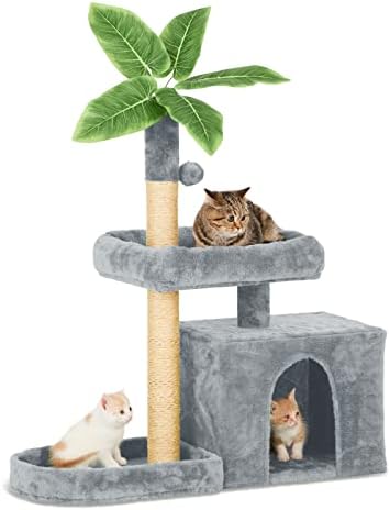 31.5inch Small Cat Tree Tower Condo for Indoor Cats, Soft Plush Multi-Level Climbing Tree Cat House with Cat Cave, Scratching Post, Sisal Rope, Grey by TSCOMON