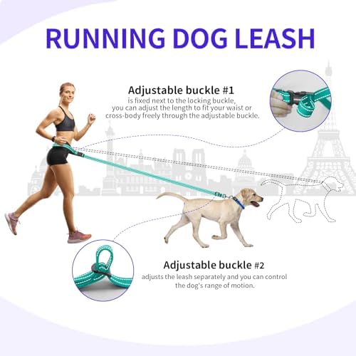 Kazazoo Hands-Free Dog Leash Adjustable Length 5-8 Ft,Crossbody & Waist for Dog Walking, Running for Small Dogs with Reflective Strips, Ballistic Nylon, Waist Belt, Lightweight Green - Image 4
