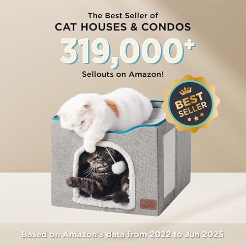 Bedsure Cat House Bed for Indoor Cats with Fluffy Ball and Scratch Pad,Grey - Image 2