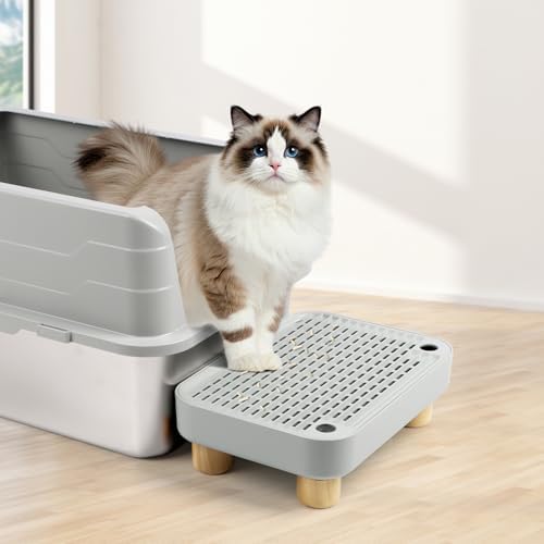 Litter Box Step, Cat Litter Ramp with Wooden Base, Light Grey - Image 7