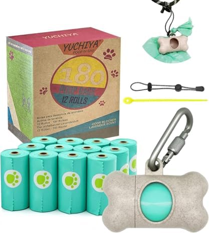 Dog Poop Pickup Bags Holder Dispenser with Standard-Sized Leak-Proof Scented Doggy Waste Bags and Carabiner with Safety Lock&Fastener Never Loose on Leash Lead Again (1 Holder 195 Bags, Beige) by YUCHIYA
