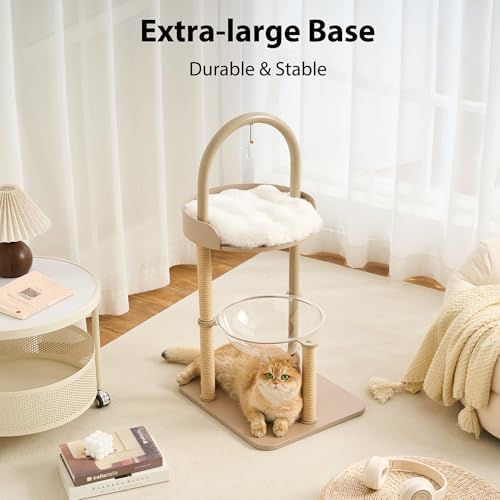 34" Modern Cat Tree Furniture for Indoor Small & Medium Cats, Minimalist Cat Tower with Scratching Posts, Wood Platforms, Capsule Perch, Stable Steel Frame & Washable Cushion, Cream Beige - Image 6